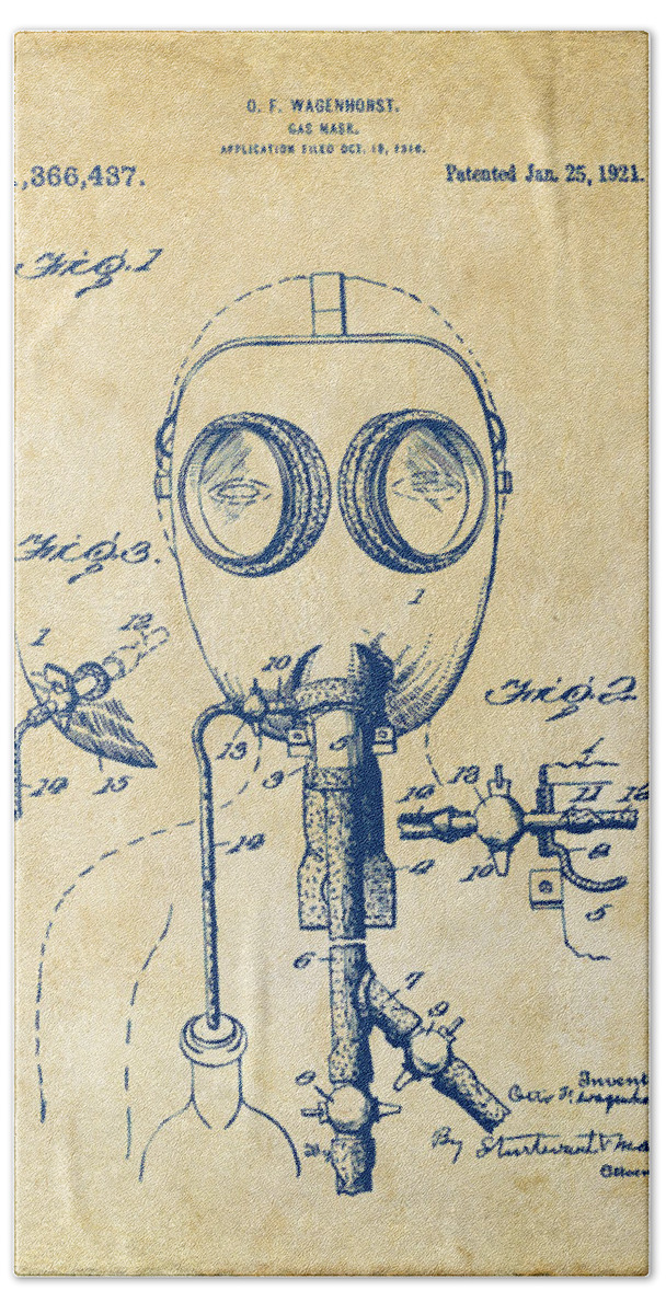 Gas Mask Beach Towel featuring the digital art 1921 Gas Mask Patent Artwork - Vintage by Nikki Marie Smith