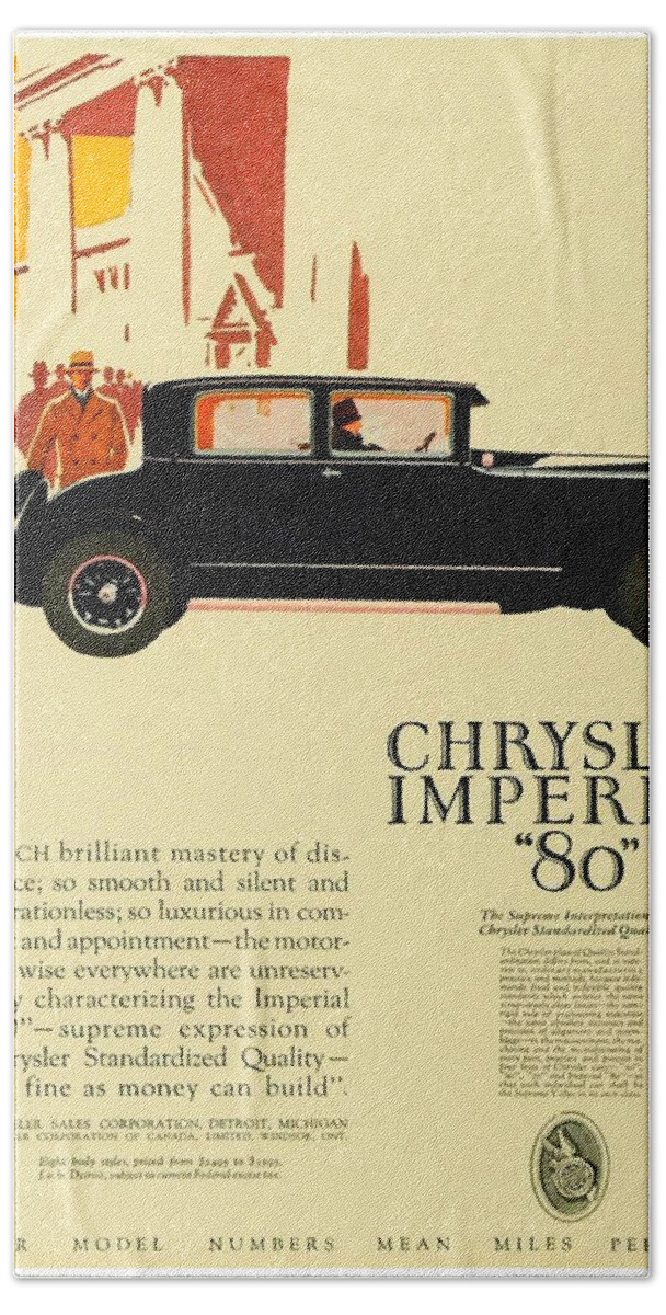 Classic Car Beach Towel featuring the digital art 1927 - Chrysler Imperial Model 80 Automobile Advertisement - Color by John Madison