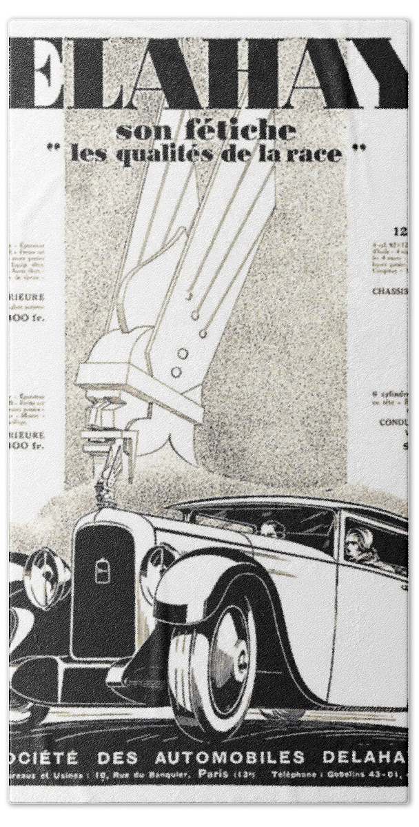 1935 Beach Towel featuring the digital art 1928 - Delehaye Automobile Advertisement by John Madison