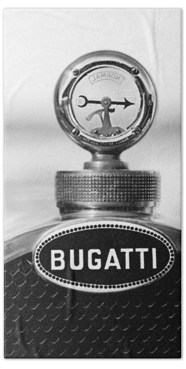 1928 Bugatti Type 44 Cabriolet Hood Ornament - Emblem Beach Towel featuring the photograph 1928 Bugatti Type 44 Cabriolet Hood Ornament - Emblem by Jill Reger