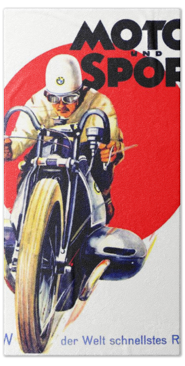 1929 Beach Towel featuring the digital art 1929 - BMW Motorcycle Poster - Color by John Madison