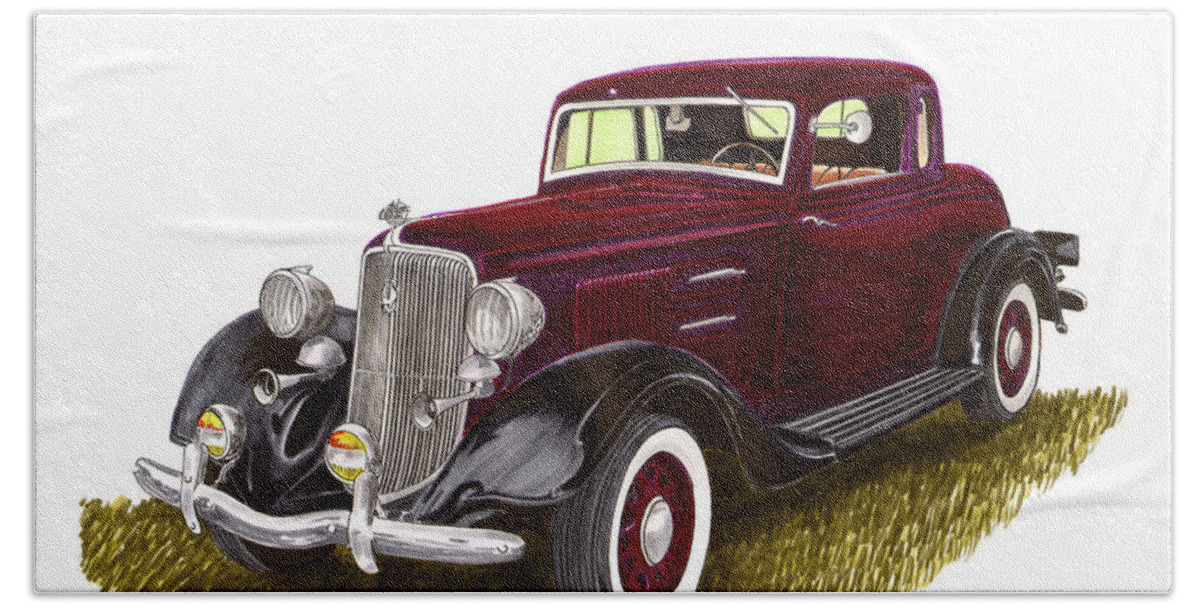 Watercolor Painting By Jack Pumphrey Of The 1934 Plymouth Pe Model Was Considered The Best Engineered Car In Its Class Beach Towel featuring the painting 1934 Plymouth P E Coupe by Jack Pumphrey
