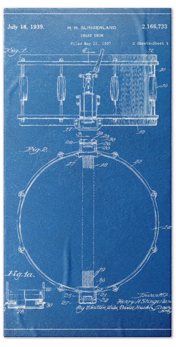 Drum Beach Sheet featuring the digital art 1939 Snare Drum Patent Blueprint by Nikki Marie Smith