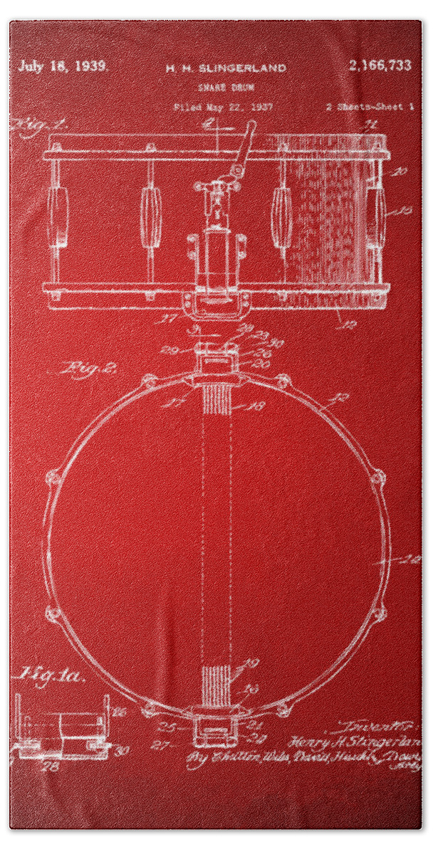 Drum Beach Towel featuring the digital art 1939 Snare Drum Patent Red by Nikki Marie Smith