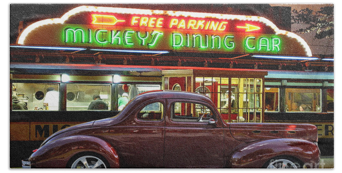 Old Beach Towel featuring the photograph 1940 Ford Deluxe Coupe at Mickeys Dinner by Gary Keesler
