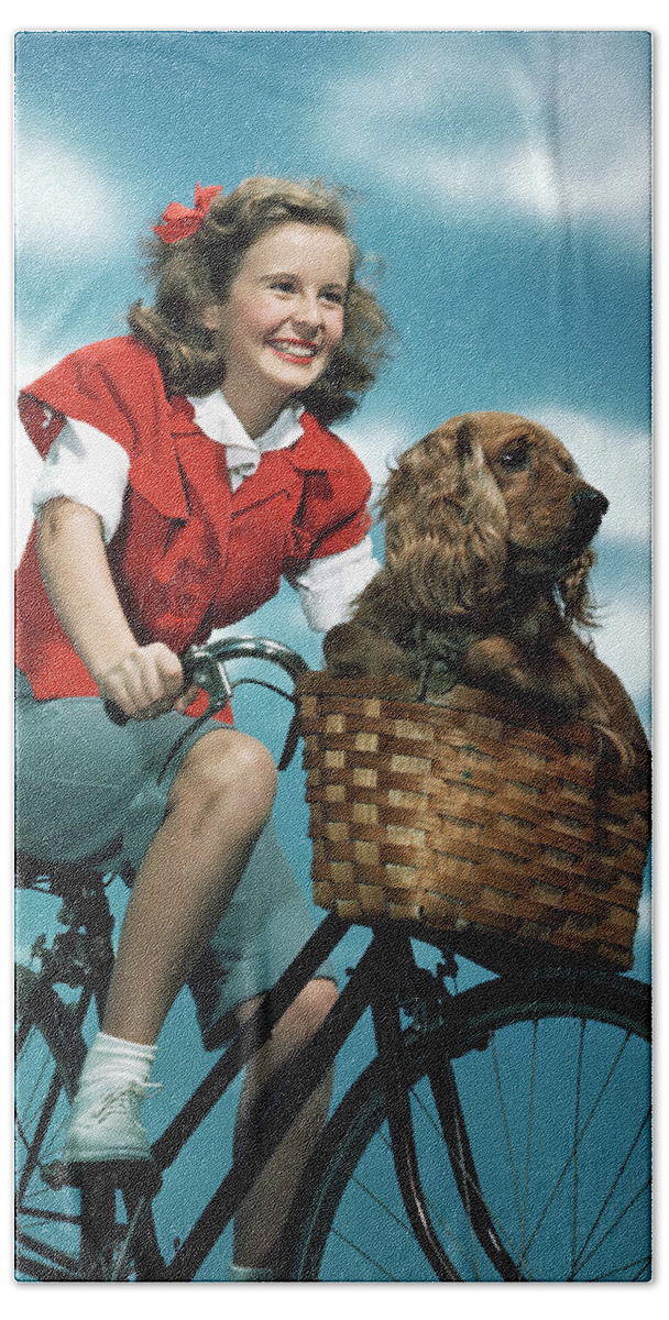Photography Beach Towel featuring the photograph 1940s 1950s Smiling Teen Girl Riding by Animal Images