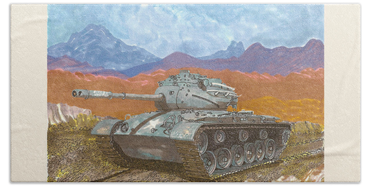 A Jack Pumphrey Painting Of A Patton M-47 Built By American Locomotive C. Beach Towel featuring the painting 1942 General Patton M 47 Medium Tank by Jack Pumphrey