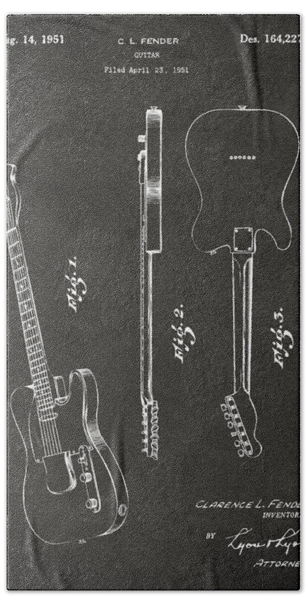 Fender Guitar Beach Sheet featuring the digital art 1951 Fender Electric Guitar Patent Artwork - Gray by Nikki Marie Smith