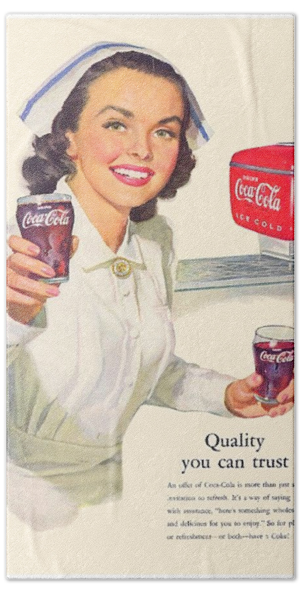 1952 Beach Towel featuring the digital art 1952 - Coca-Cola Advertisement - Color by John Madison