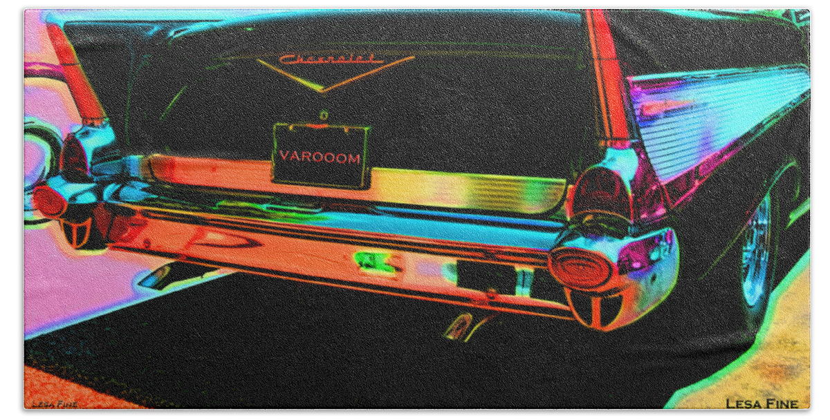 1957 Beach Towel featuring the mixed media 1957 Chevy Art Red Varooom #1957 by Lesa Fine