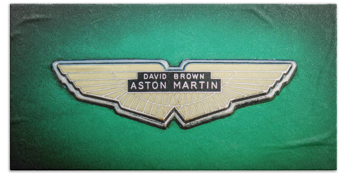 1959 Aston Martin Db4 Gt Hood Emblem Beach Towel featuring the photograph 1959 Aston Martin Db4 Gt Hood Emblem -0127c by Jill Reger