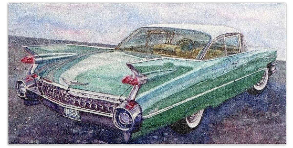 1959 Cadillac Beach Sheet featuring the painting 1959 Cadillac Cruising by Anna Ruzsan