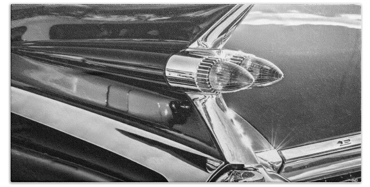 1959 Cadillac Eldorado Taillight Beach Towel featuring the photograph 1959 Cadillac Eldorado Taillight -097bw by Jill Reger