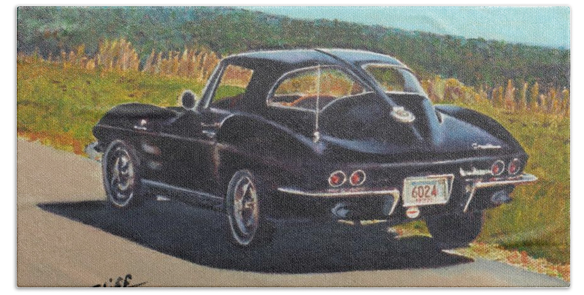 Corvette Beach Towel featuring the painting 1963 Corvette on the Mountain by Cliff Wilson