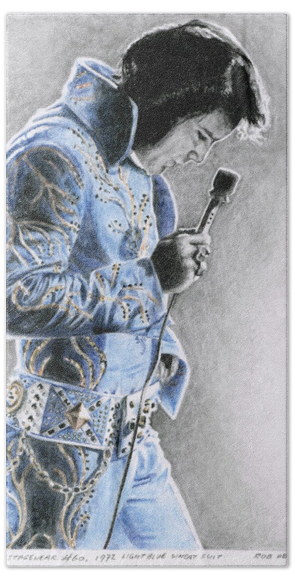 Elvis Beach Towel featuring the drawing 1972 Light Blue Wheat Suit by Rob De Vries