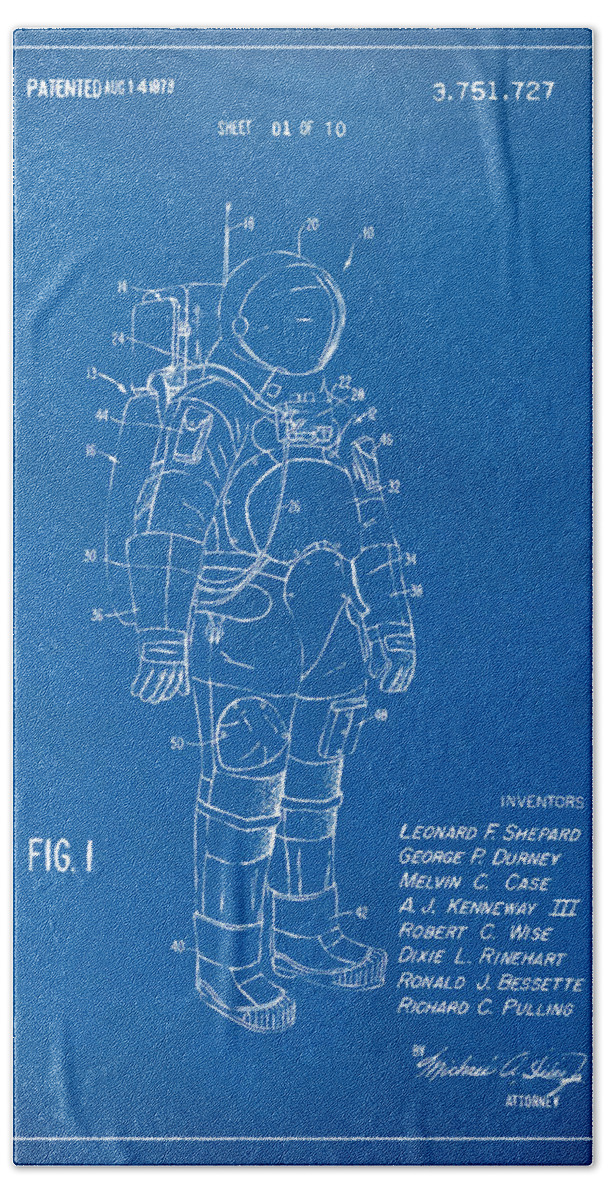 Space Suit Beach Towel featuring the digital art 1973 Space Suit Patent Inventors Artwork - Blueprint by Nikki Marie Smith