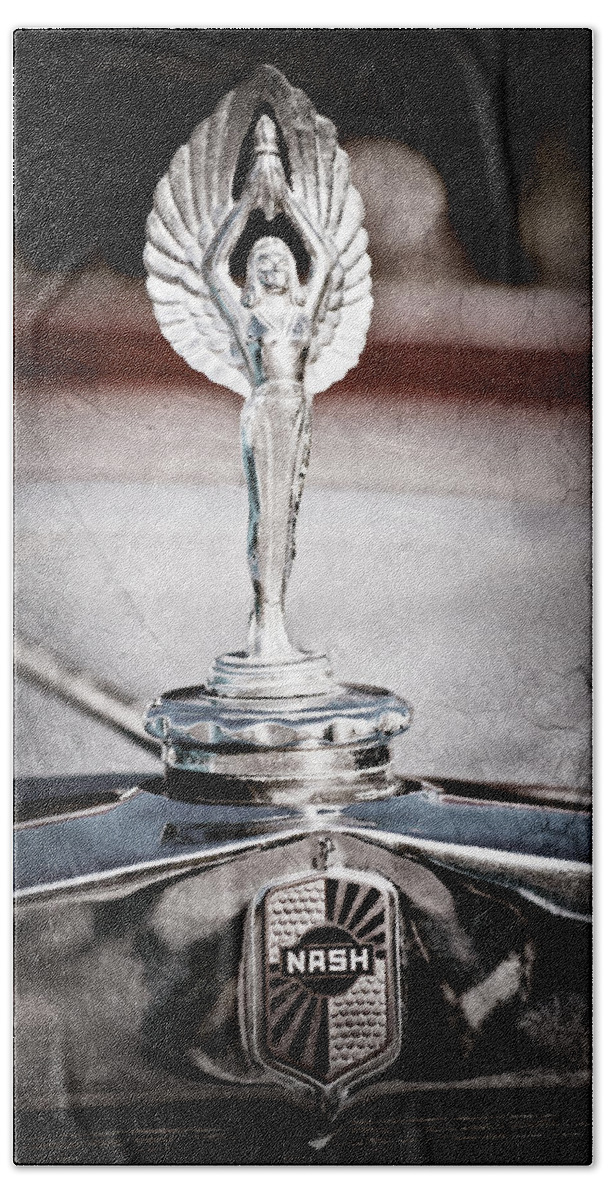 1928 Nash Coupe Hood Ornament Beach Towel featuring the photograph 1928 Nash Coupe Hood Ornament #2 by Jill Reger