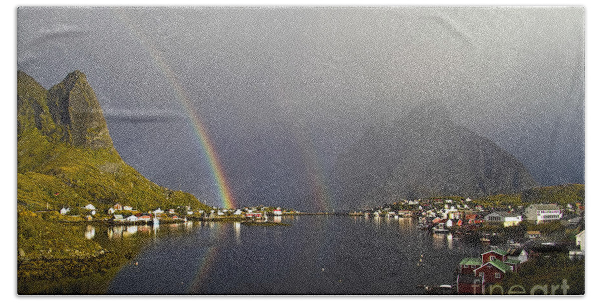 Village Beach Towel featuring the photograph After the rain in Reine by Heiko Koehrer-Wagner
