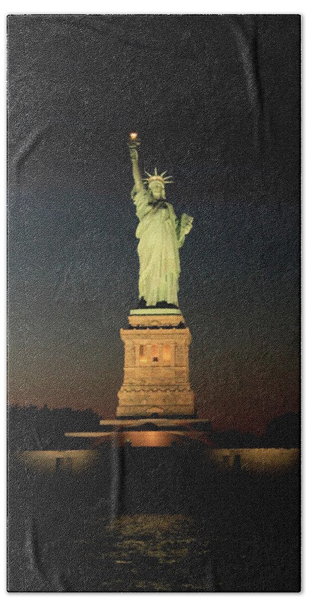 The Statue Of Liberty Beach Towel featuring the photograph All Lit Up #2 by Catie Canetti