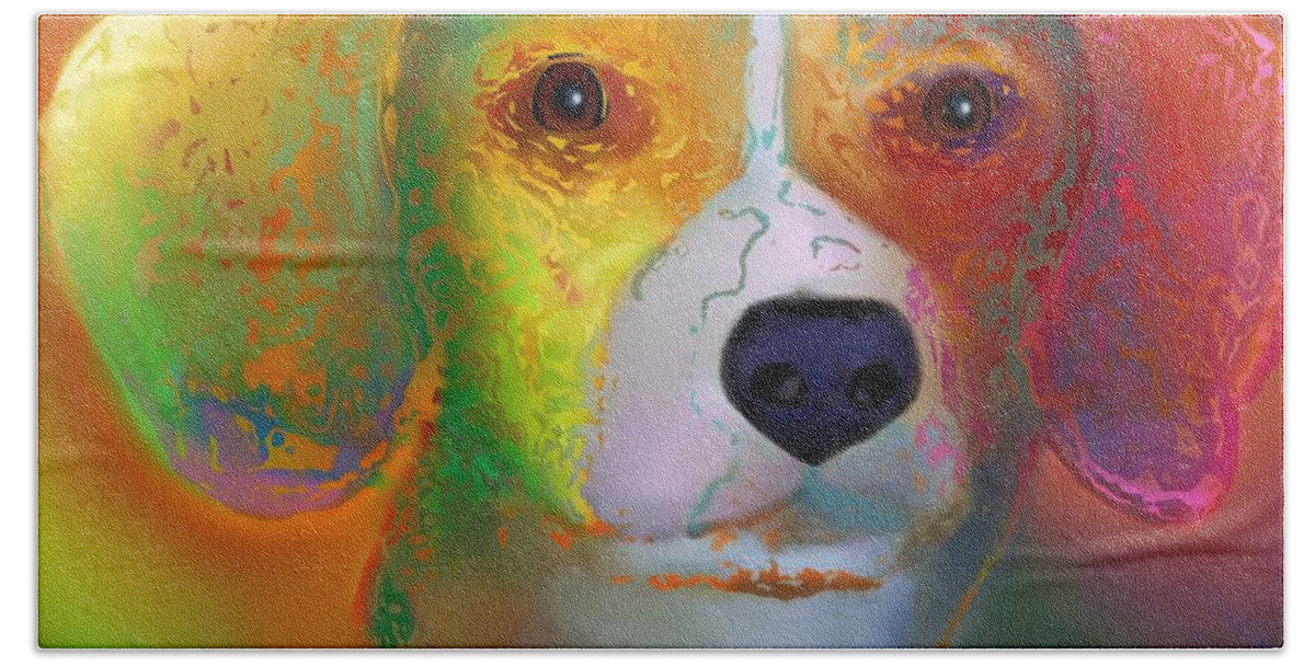 Red Background Beach Sheet featuring the digital art Beagle #2 by Marlene Watson
