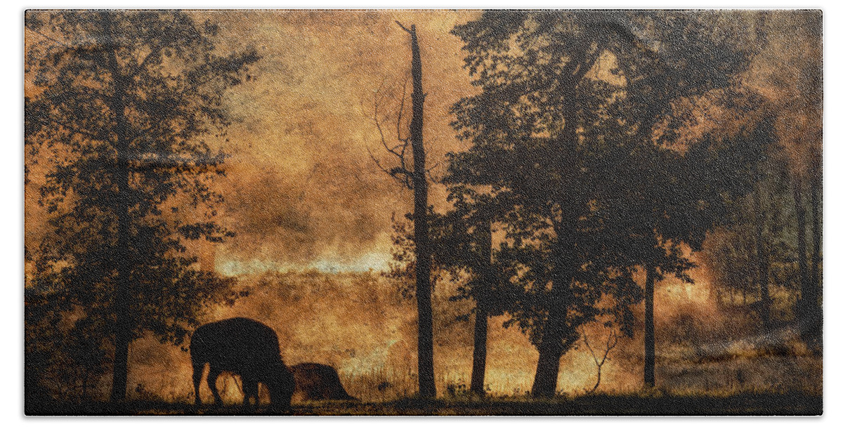 Animals In The Wild Beach Towel featuring the painting Bison Bison Bison Athabascae Grazing #2 by Ron Harris