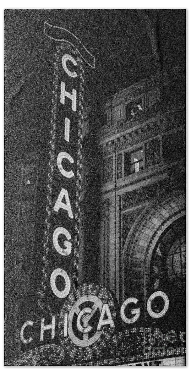 America Beach Towel featuring the photograph Chicago Theatre Sign in Black and White by Paul Velgos