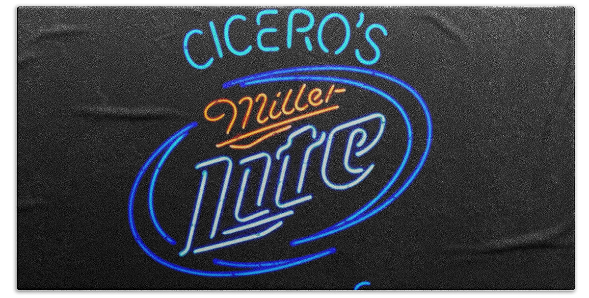  Beach Towel featuring the photograph Cicero's and Miller Lite by Kelly Awad