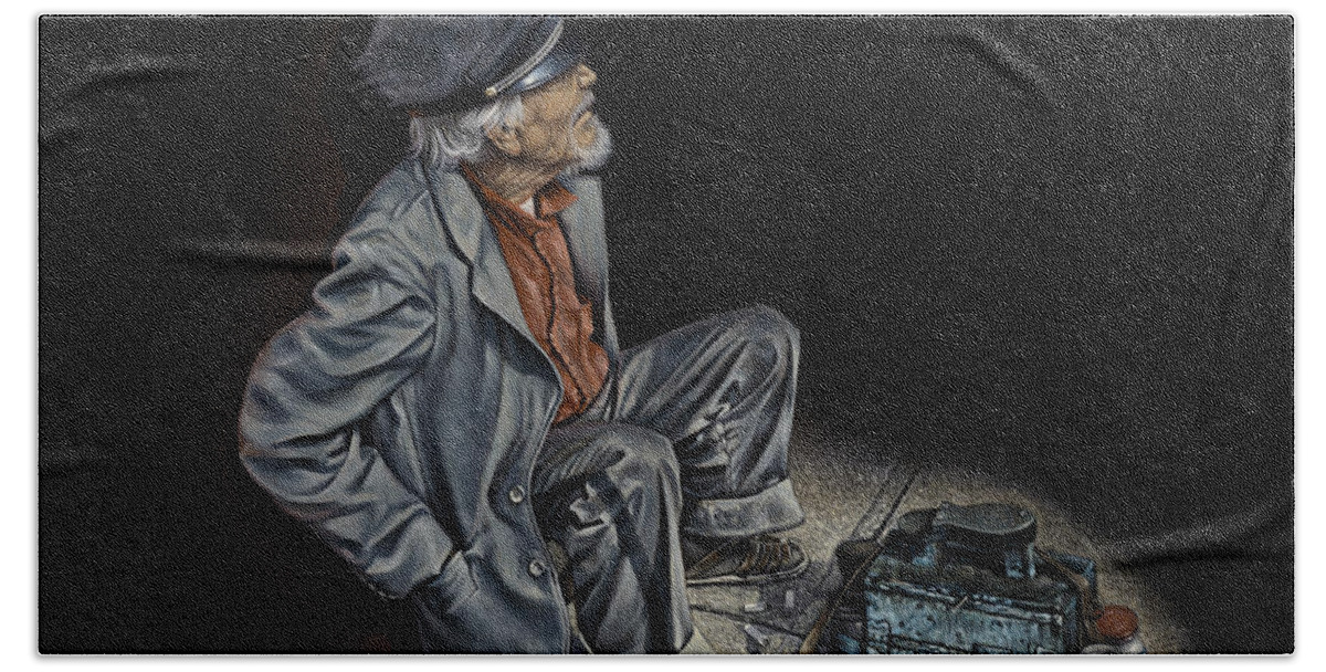 Shoeshiner Beach Towel featuring the painting Empty Pockets by Ricardo Chavez-Mendez