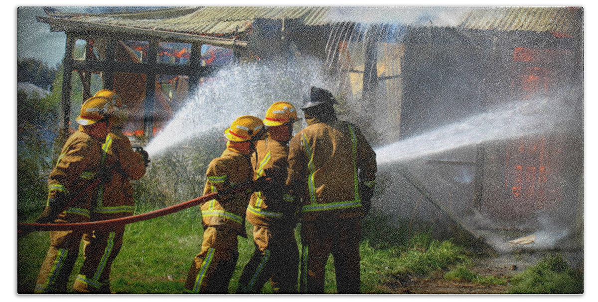 Flames Beach Sheet featuring the photograph Firefighters #2 by Amanda Stadther