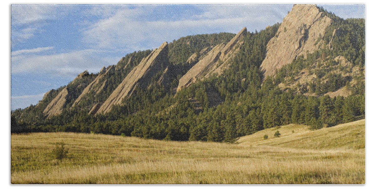 'boulder Photos' Beach Towel featuring the photograph Flatirons with Golden Grass Boulder Colorado #2 by James BO Insogna