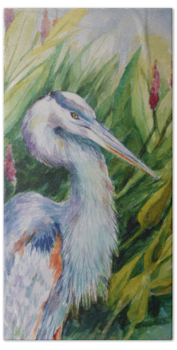 Great Blue Heron Beach Towel featuring the painting Great Blue Heron #1 by Jyotika Shroff