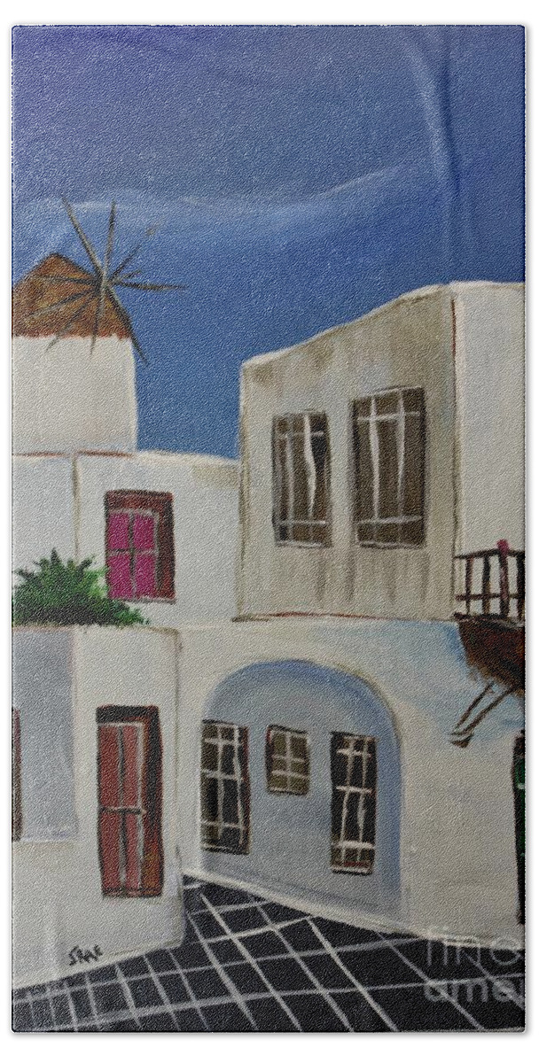 Greece Beach Towel featuring the painting Greek Village by Janice Pariza