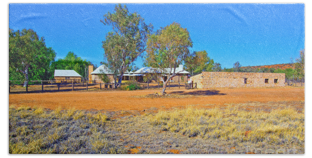 Historical Telegraph Station Alice Springs Central Australia Early Pioneers Outback Australian Landscape Gum Trees Beach Towel featuring the photograph Historical Telegraph Station Alice Springs #3 by Bill Robinson