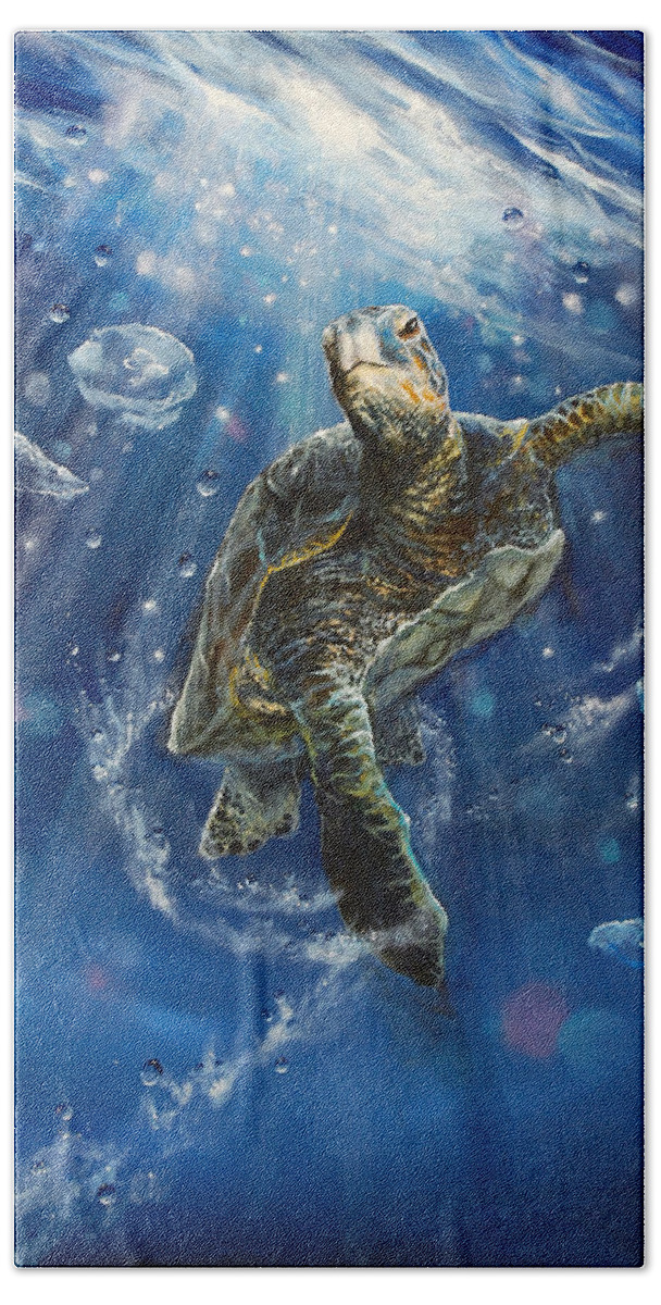 Turtle Beach Towel featuring the painting Honu's Dance by Marco Aguilar