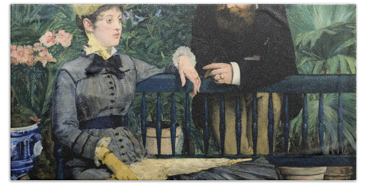 Edouard Manet Beach Towel featuring the painting In the Conservatory #9 by Edouard Manet