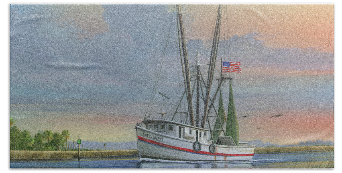 Shrimp Boat Beach Sheet featuring the painting Lady Liberty by Mike Brown