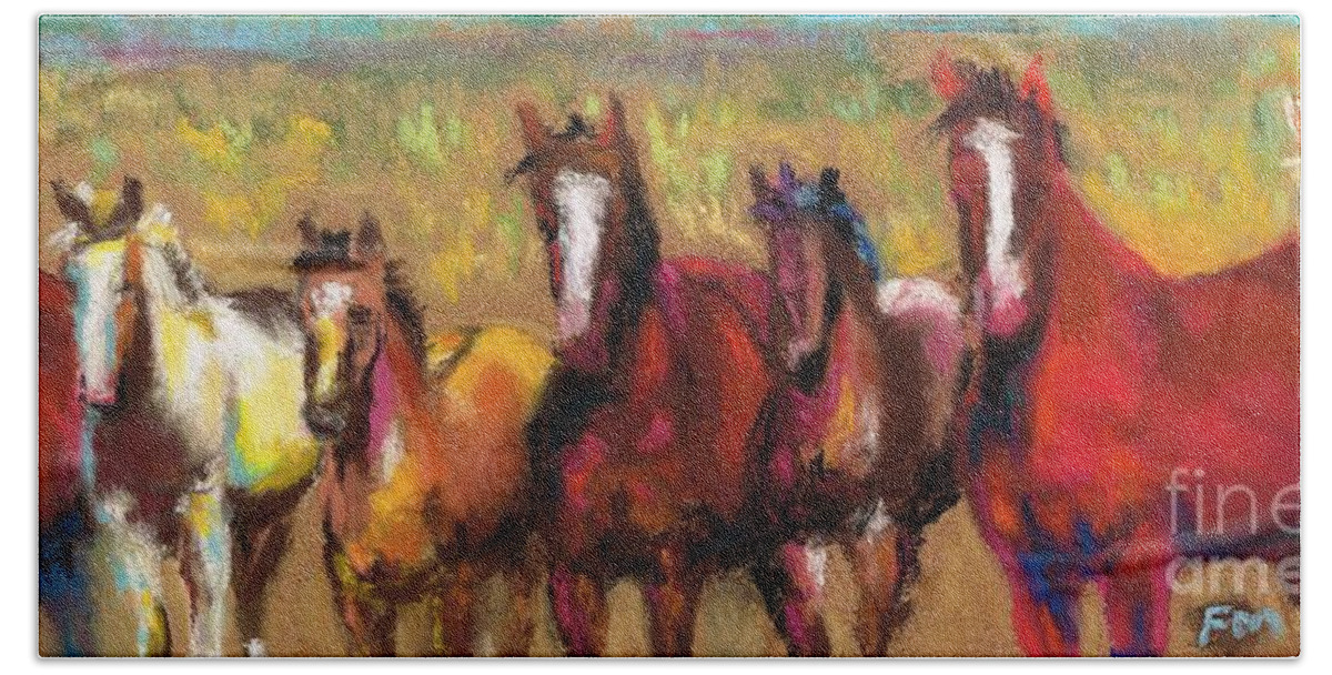 Horses Beach Sheet featuring the painting Mares and Foals by Frances Marino