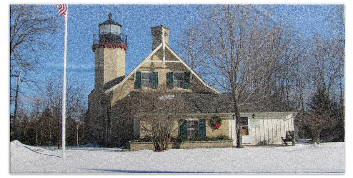 Winter Beach Sheet featuring the photograph McGulpin Point Lighthouse in Winter by Keith Stokes
