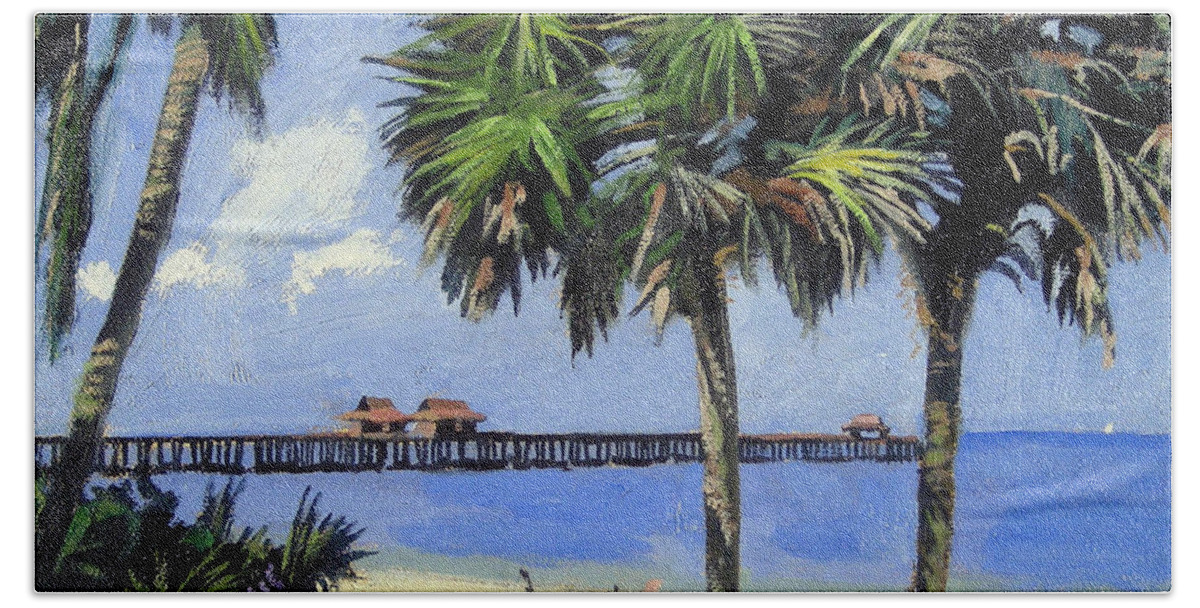 Christine Hopkins Beach Towel featuring the painting Naples Pier Naples Florida by Christine Hopkins