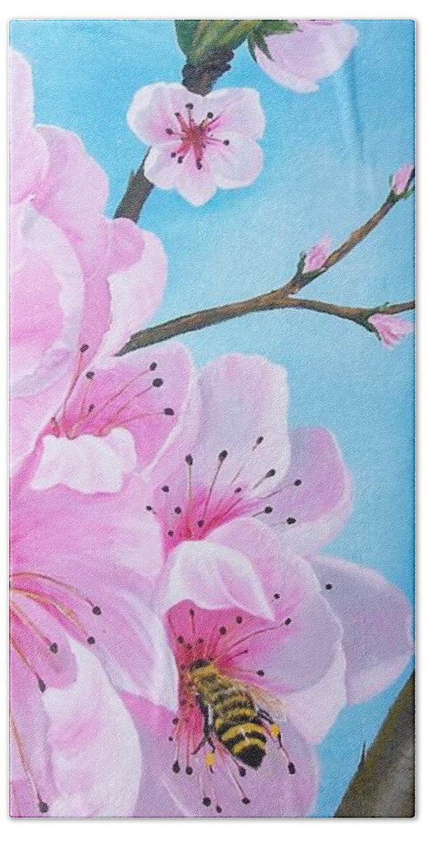 Peach Beach Sheet featuring the painting #2 of Diptych Peach Tree in Bloom #2 by Sharon Duguay