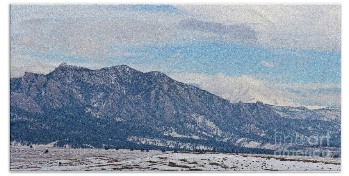 Rocky Mountains Beach Towel featuring the photograph Rocky Mountains Flatirons and Longs Peak Panorama Boulder #2 by James BO Insogna