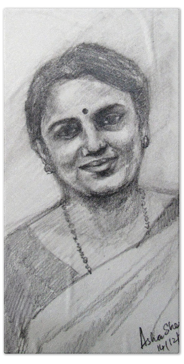 Self-portrait In Pencil Beach Towel featuring the drawing Self-portrait #2 by Asha Sudhaker Shenoy
