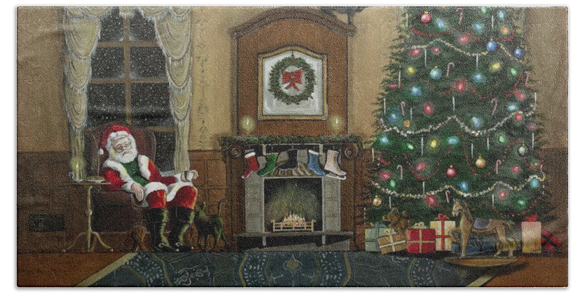 Santa Claus Beach Sheet featuring the painting St. Nicholas Sitting in a Chair on Christmas Eve by John Lyes