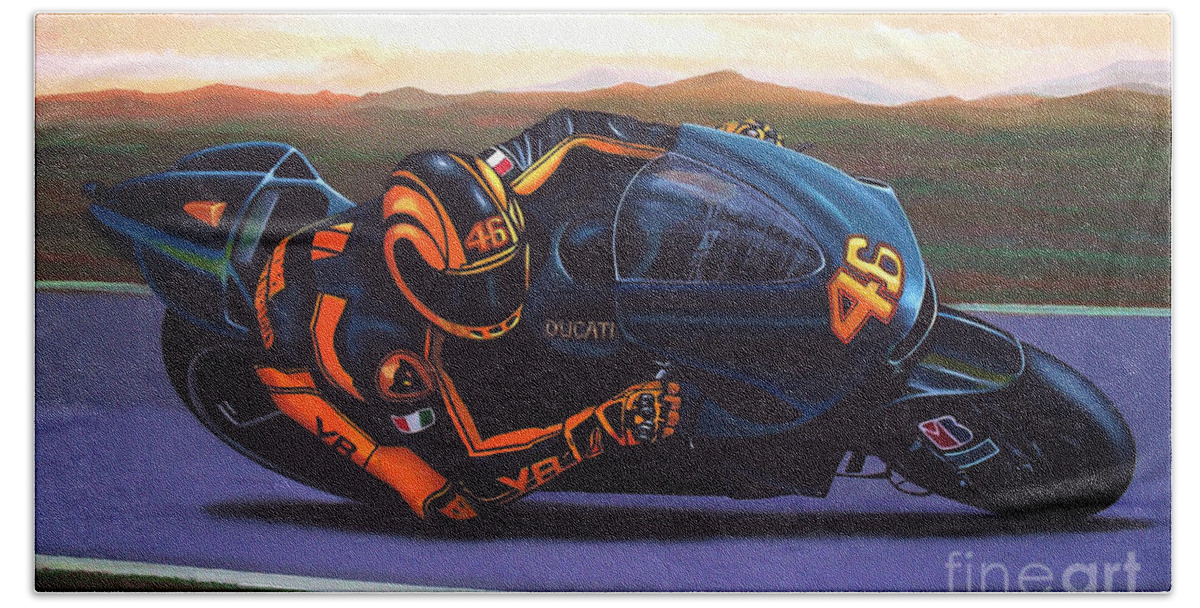 Valentino Rossi Beach Towel featuring the painting Valentino Rossi on Ducati by Paul Meijering