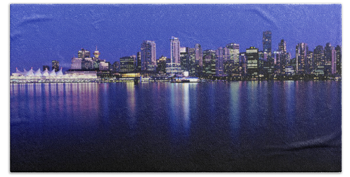 Photography Beach Towel featuring the photograph Vancouver Skyline At Night, British #2 by Panoramic Images