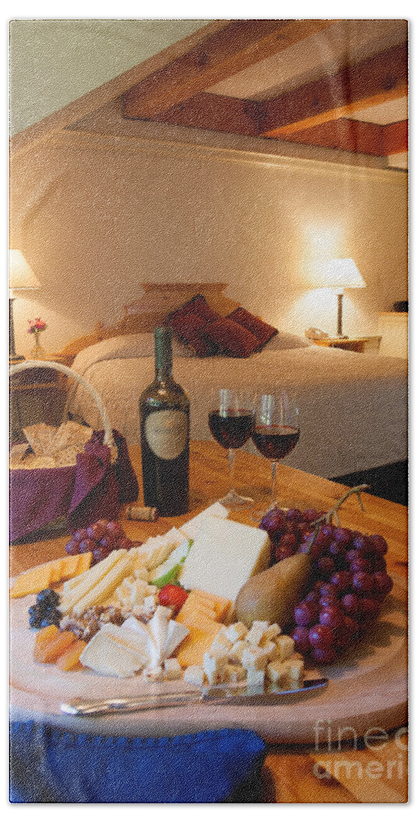 New England Beach Towel featuring the photograph Wine and cheese in a luxurious hotel room. #2 by Don Landwehrle