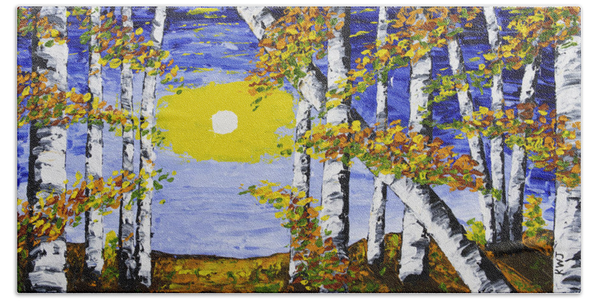White Beach Towel featuring the painting White Birch Trees In Fall Abstract Painting #1 by Keith Webber Jr