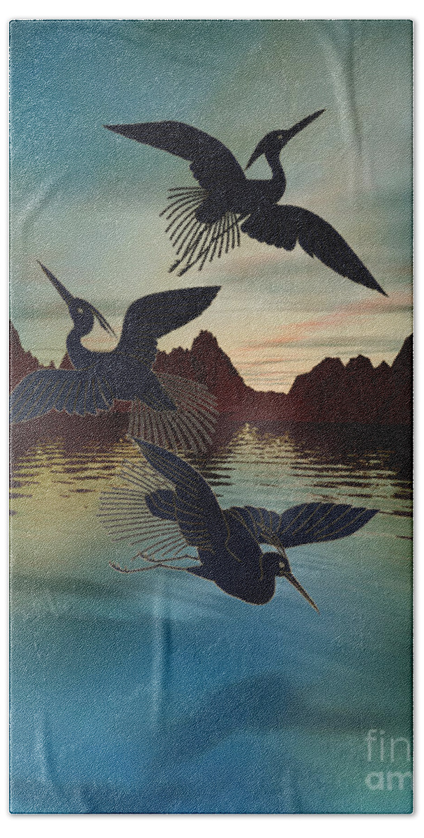 Bird Beach Towel featuring the digital art 3 Black Herons At Sunset by Peter Awax