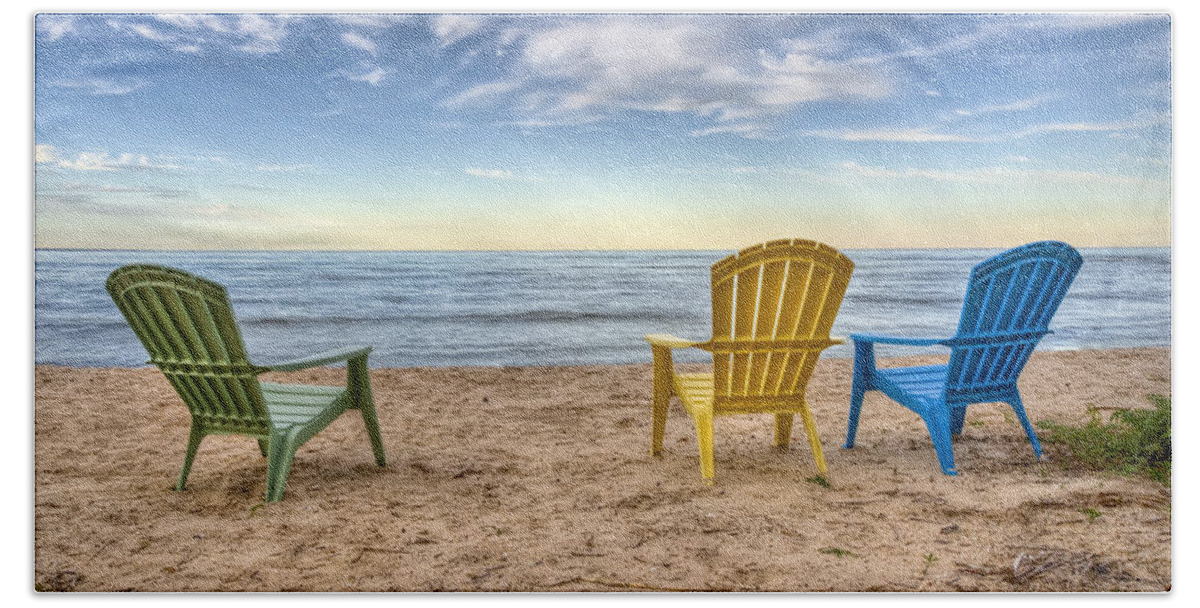 Chairs Beach Water Lake Sky Ocean Summer Relax Lake Michigan Wisconsin Door County Sand Chair Clouds Horizon Peace Calm Quiet Rest Vacation Waves Home Decor Fine Art Photography Fine Art For Sale Blue Yellow Green Landscape Photography Nautical Beach Scene Outdoors Shore Coast Beach Towel featuring the photograph 3 Chairs by Scott Norris