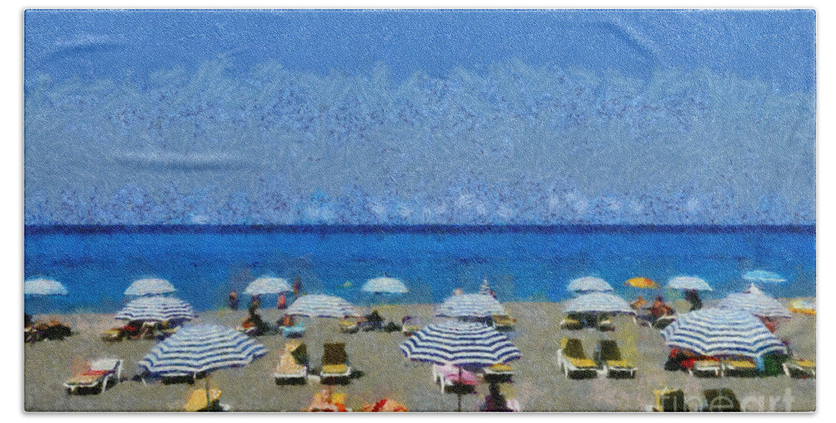 Rhodes Beach Towel featuring the painting Beach at the city of Rhodes #2 by George Atsametakis